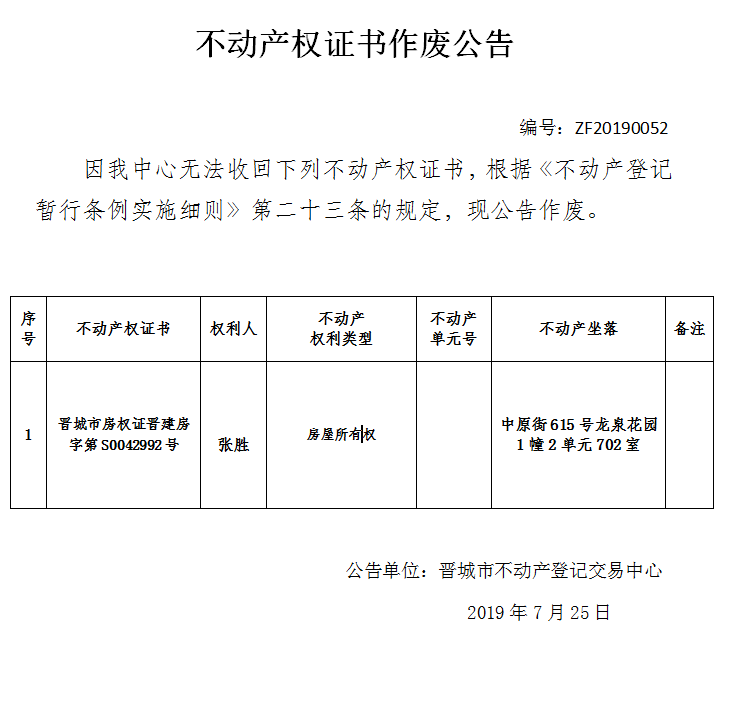 不动产权证书作废公告（一百七十四）20190052(图1)