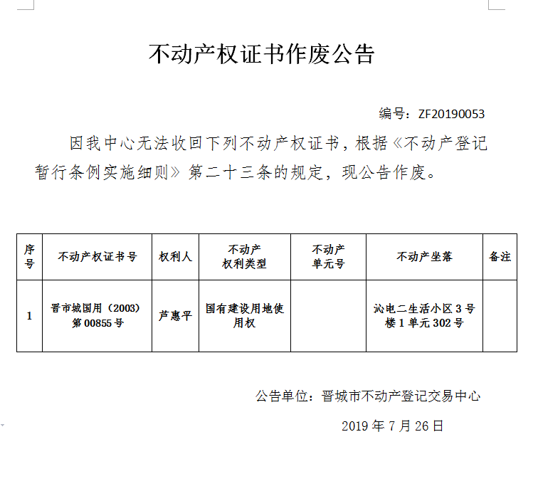 不动产权证书作废公告（一百七十五）20190053(图1)