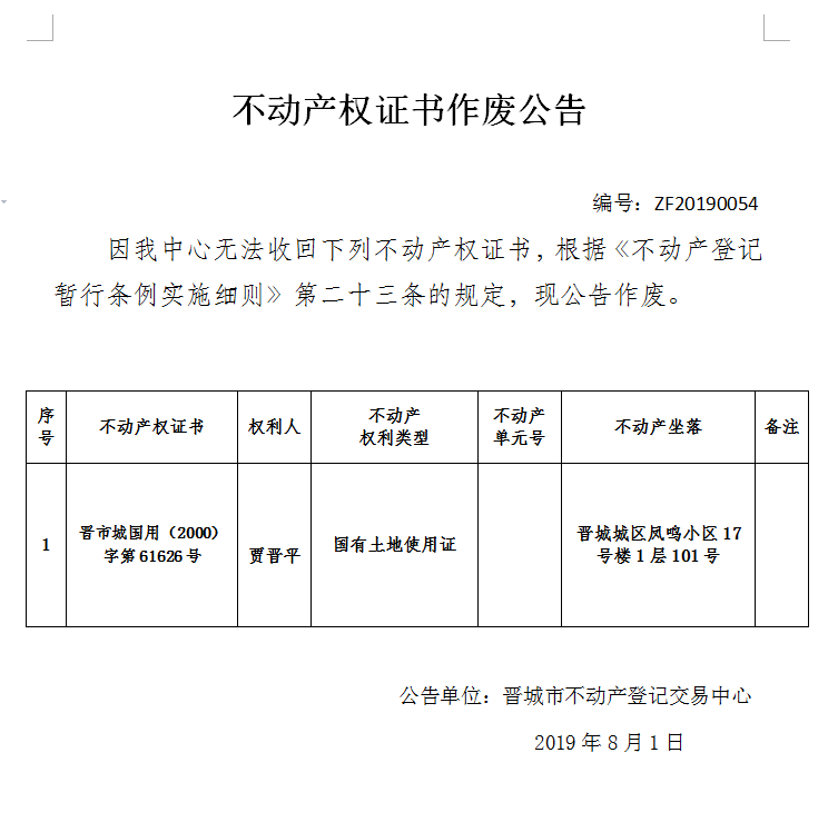 不动产权证书作废公告（一百七十六）20190054(图1)