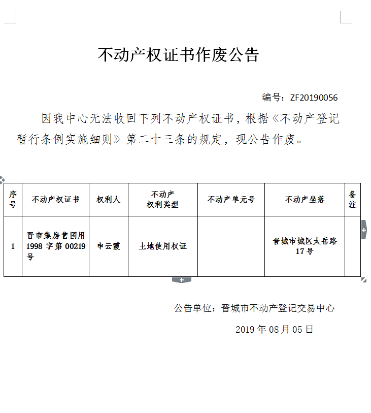 不动产权证书作废公告（一百七十八）20190056(图1)