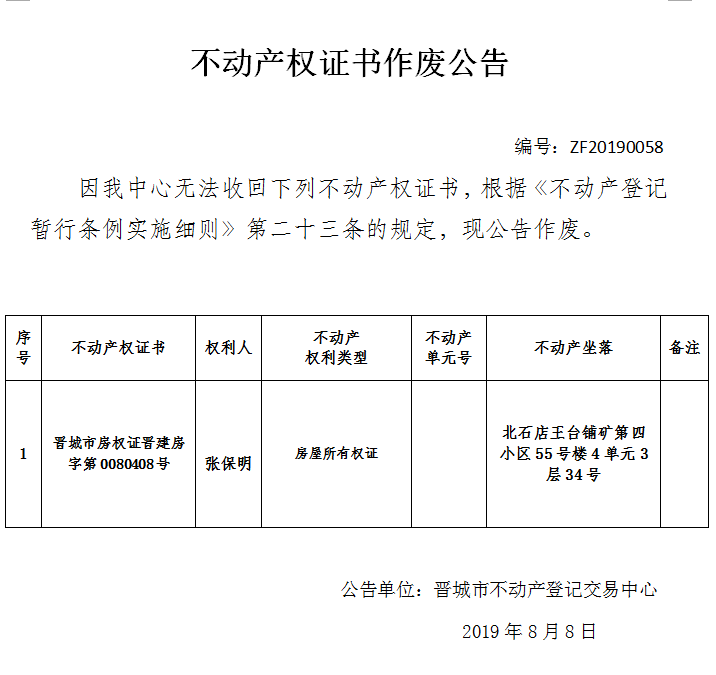 不动产权证书作废公告（一百八十一）20190059(图1)