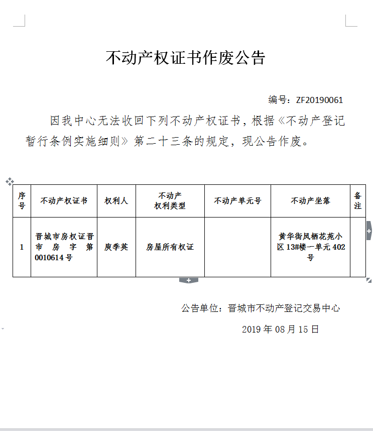 不动产权证书作废公告（一百八十三）20190061(图1)