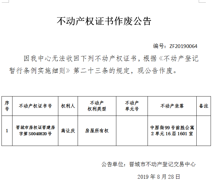 不动产权证书作废公告（一百八十六）20190064(图1)