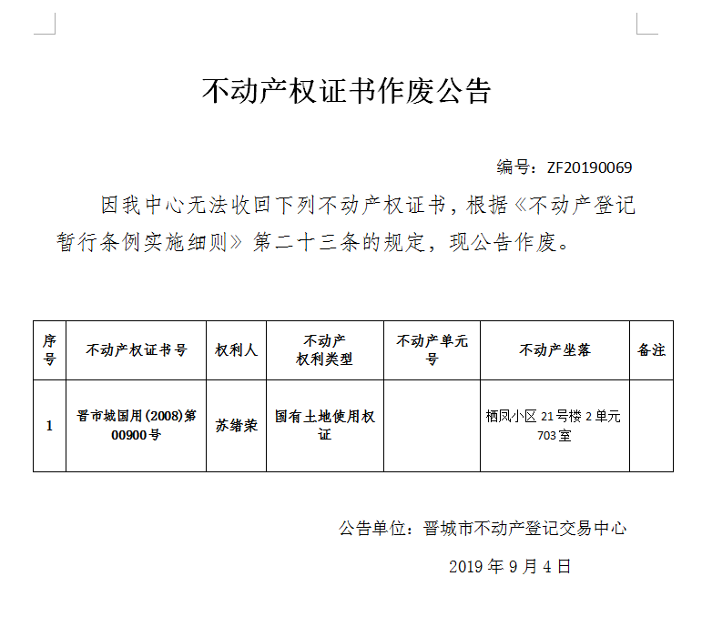 不动产权证书作废公告（一百九十一）20190069(图1)