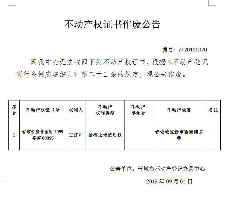 不动产权证书作废公告（一百九十二）20190070(图1)