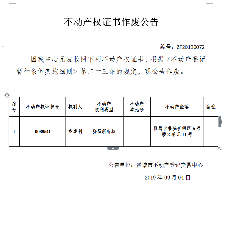 不动产权证书作废公告（一百九十四）20190072(图1)