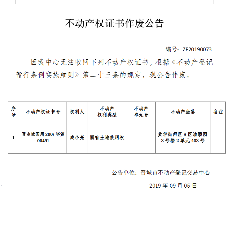 不动产权证书作废公告（一百九十五）20190073(图1)