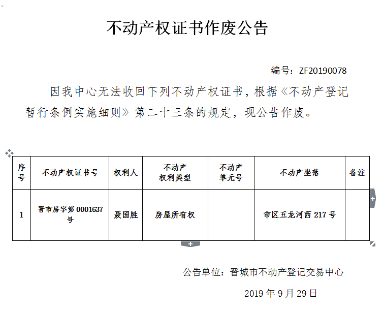 不动产权证书作废公告（二零零）20190078(图1)