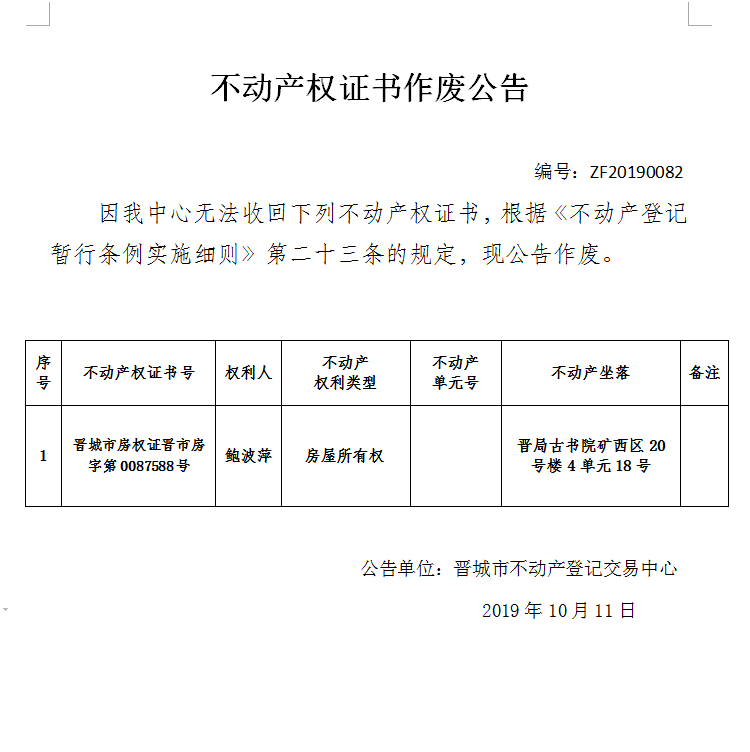 不动产权证书作废公告（二百零四）20190082(图1)