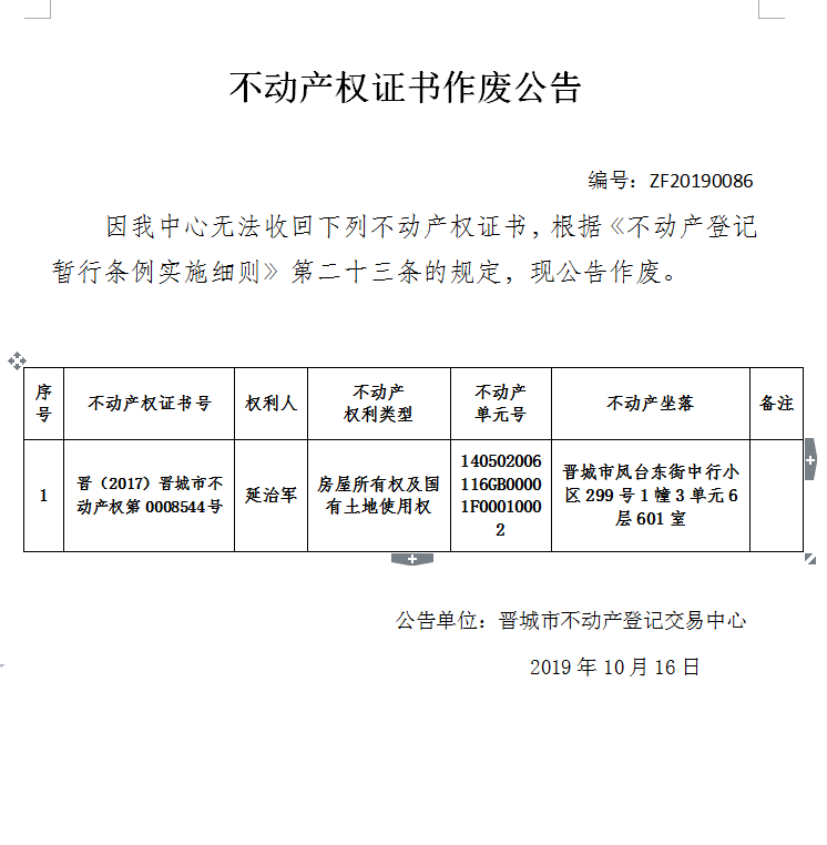 不动产权证书作废公告（二百零八）20190086(图1)