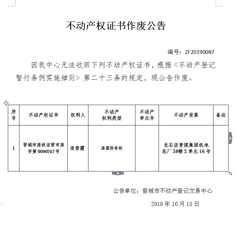 不动产权证书作废公告（二百零九）20190087(图1)
