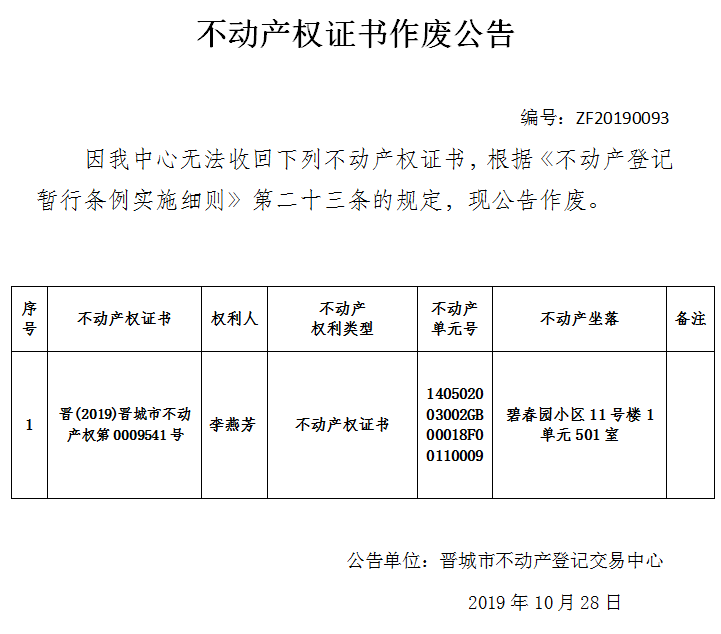 不动产权证书作废公告（二百一十五）20190093(图1)