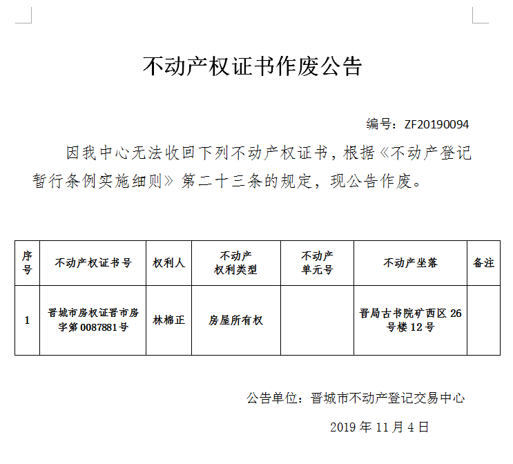 不动产权证书作废公告（二百一十六）20190094(图1)