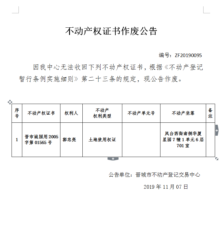 不动产权证书作废公告（二百一十七）20190095(图1)