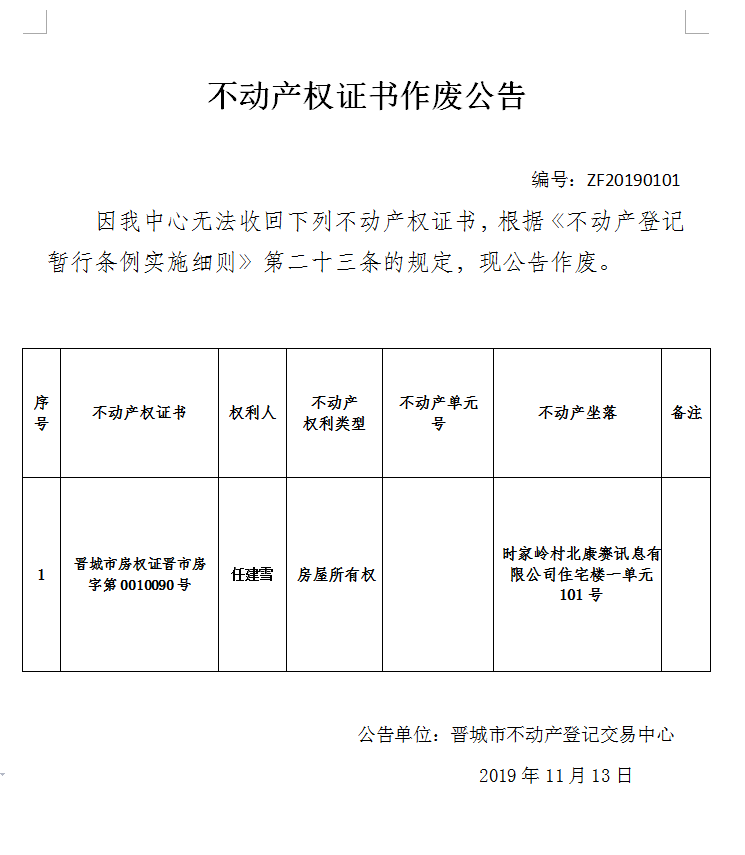不动产权证书作废公告（二百二十三）20190101(图1)