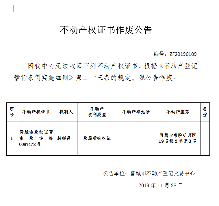 不动产权证书作废公告（二百三十一）20190109(图1)