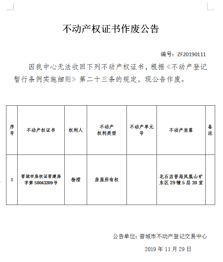 不动产权证书作废公告（二百三十三）20190111(图1)
