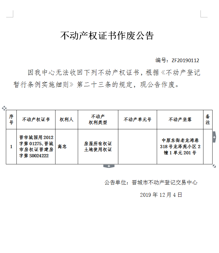 不动产权证书作废公告（二百三十四）20190112(图1)