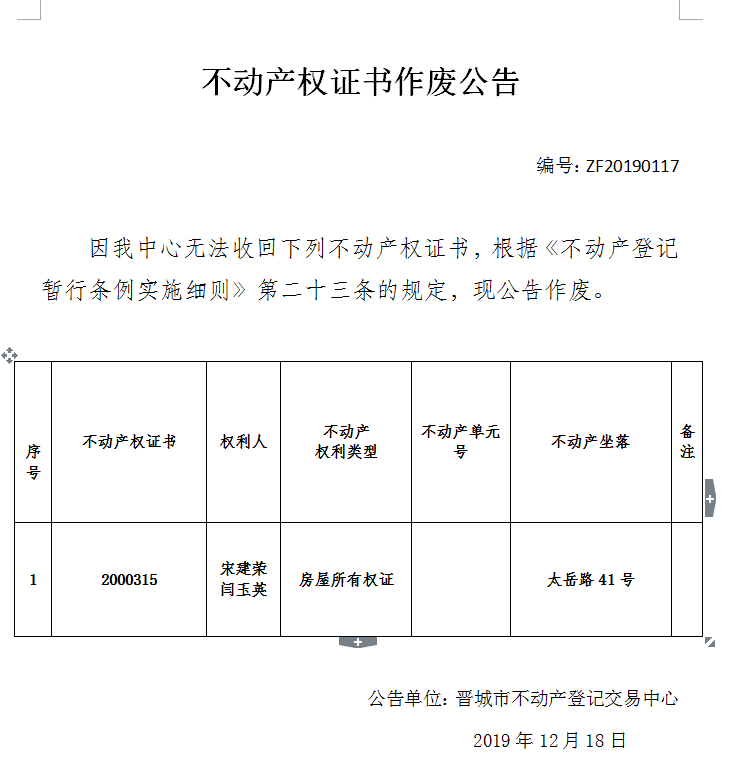 不动产权证书作废公告（二百三十九）20190117(图1)
