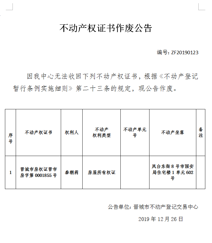 不动产权证书作废公告（二百四十五）20190123(图1)