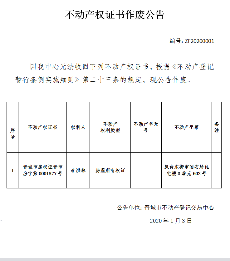 不动产权证书作废公告（二百四十六）20200001(图1)