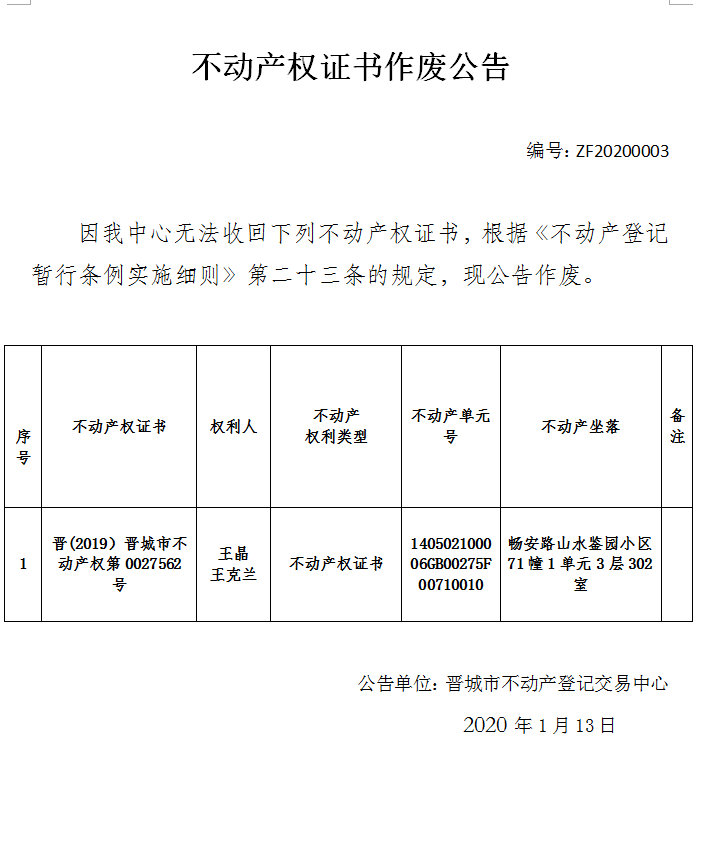 不动产权证书作废公告（二百四十八）20200003(图1)
