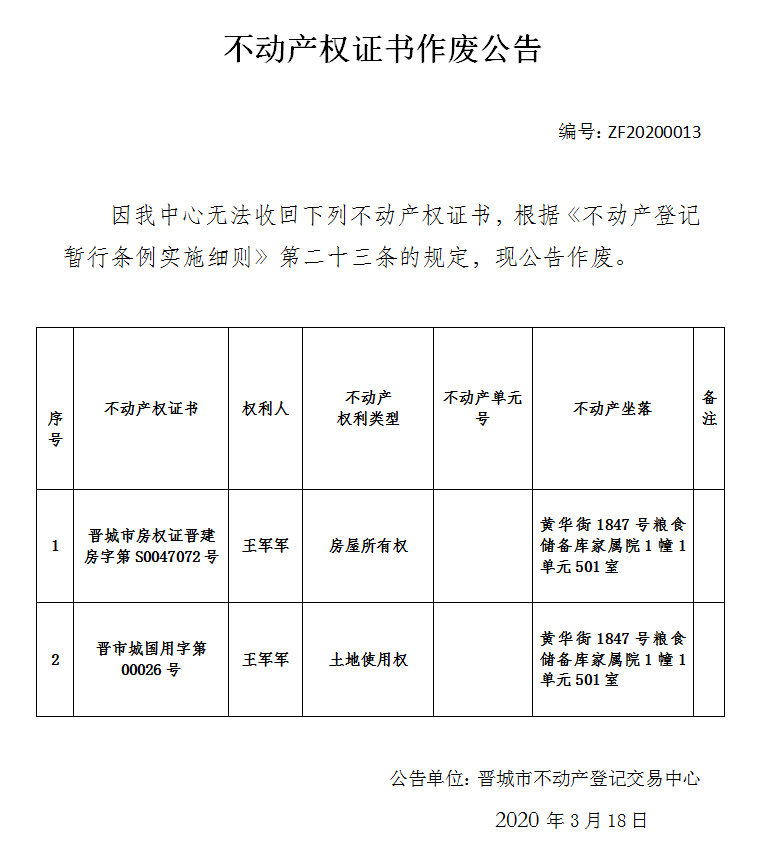 不动产权证书作废公告（二百五十七）20200013(图1)