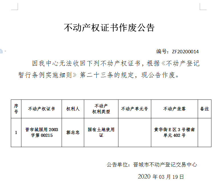 不动产权证书作废公告（二百五十八）20200014(图1)