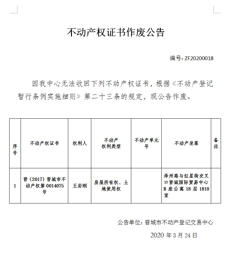不动产权证书作废公告（二百六十二）20200018(图1)