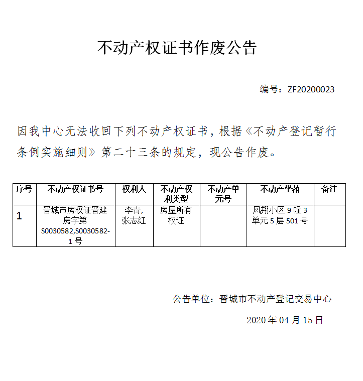 不动产权证书作废公告（二百六十七）20200023(图1)