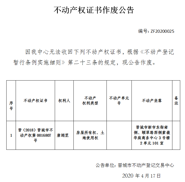 不动产权证书作废公告（二百六十九）20200025(图1)