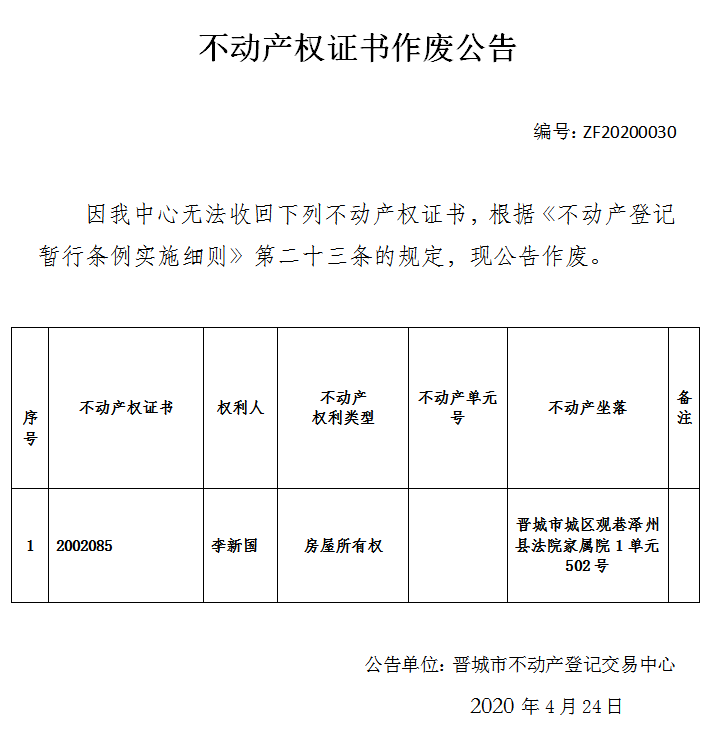 不动产权证书作废公告（二百七十四）20200030(图2)