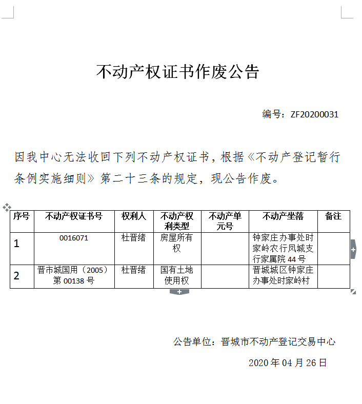 不动产权证书作废公告（二百七十五）20200031(图1)