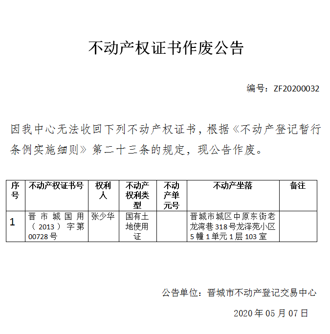 不动产权证书作废公告（二百七十六）20200032(图1)