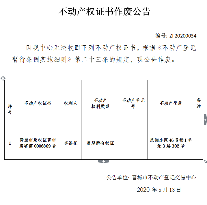 不动产权证书作废公告（二百七十八）20200034(图1)