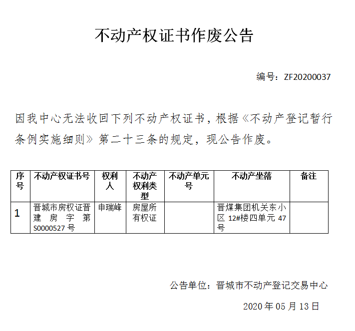 不动产权证书作废公告（二百八十一）20200037(图1)
