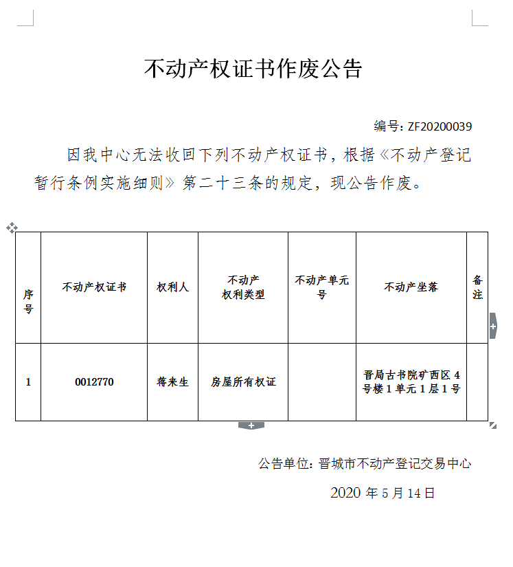 不动产权证书作废公告（二百八十三）20200039(图1)
