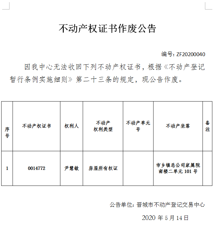 不动产权证书作废公告（二百八十四）20200040(图1)