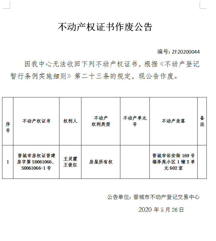不动产权证书作废公告（二百八十八）20200044(图1)