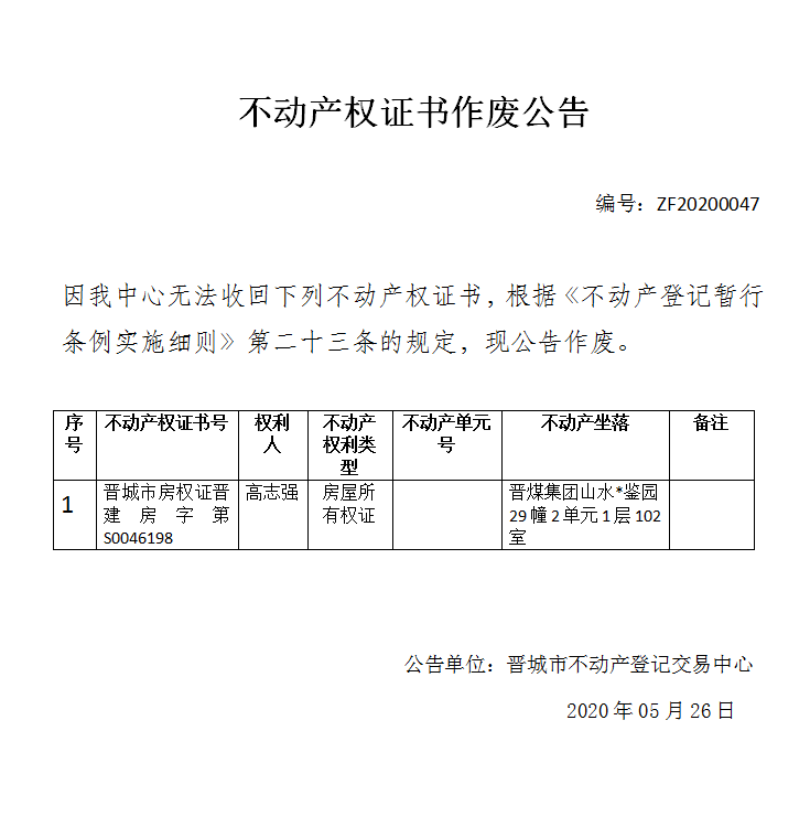 不动产权证书作废公告（二百九十一）20200047(图1)