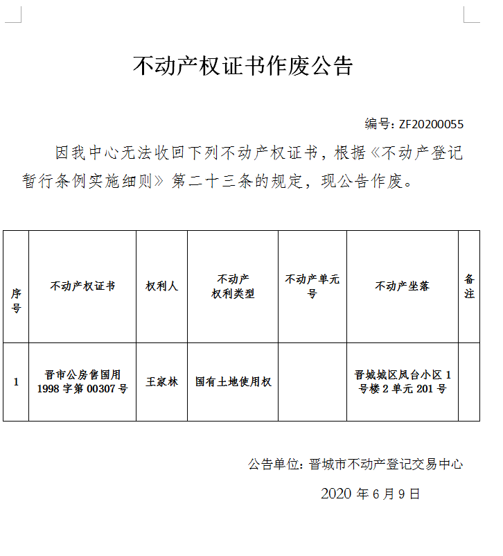 不动产权证书作废公告（二百九十九）20200055(图1)