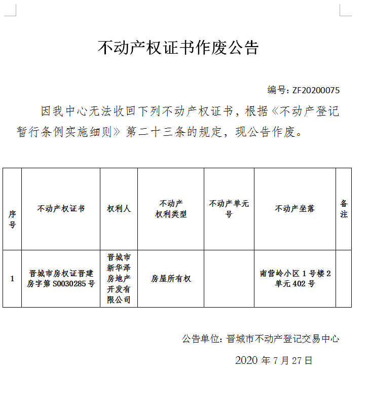 	不动产权证书作废公告（三百一十九）20200075(图1)