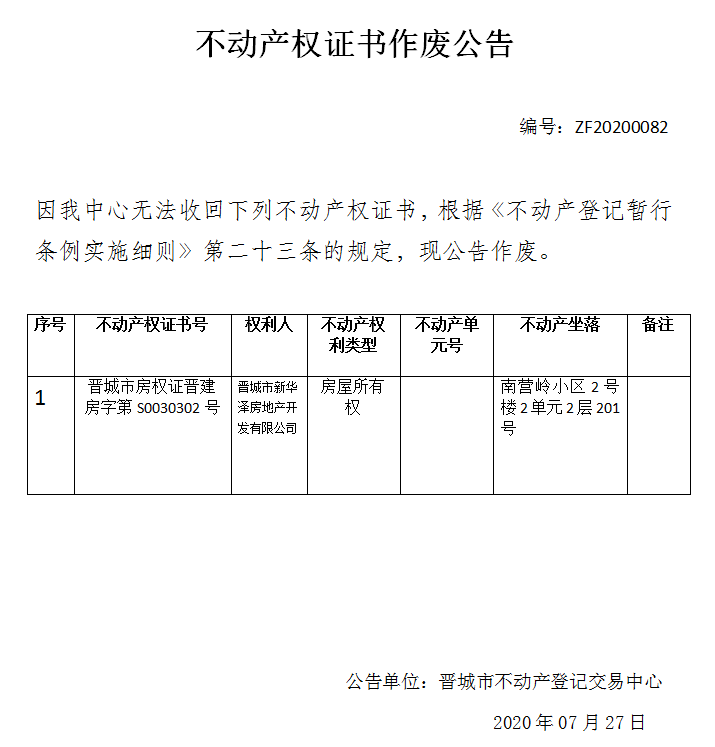 	不动产权证书作废公告（三百二十六）20200082(图1)