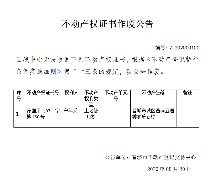 不动产权证书作废公告（三百四十四）202000100(图1)