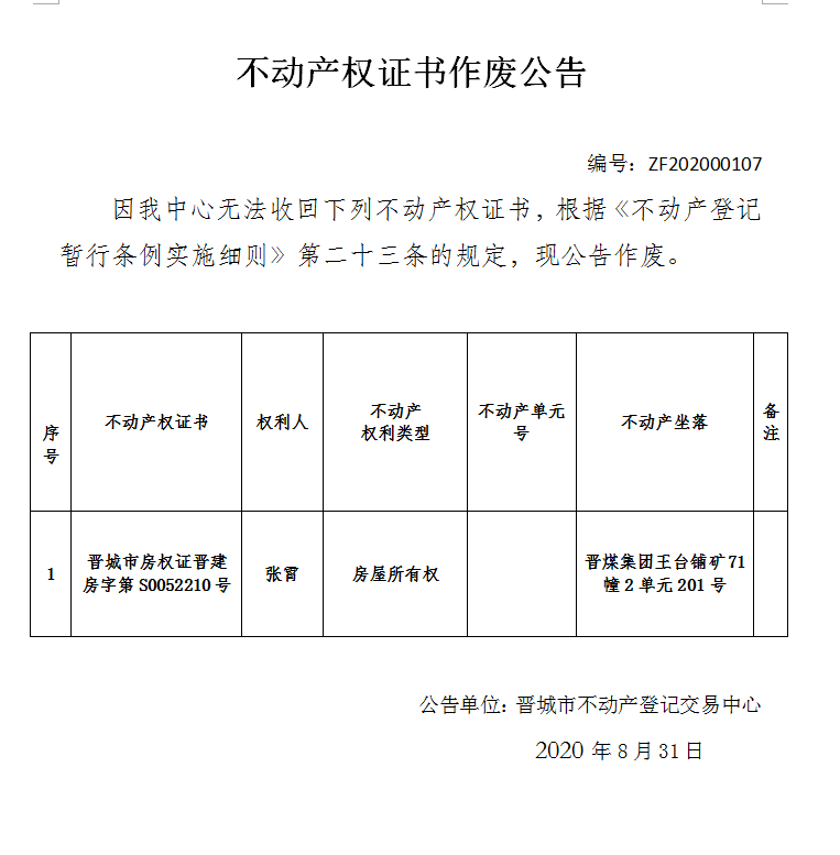 不动产权证书作废公告（三百五十一）202000107(图1)