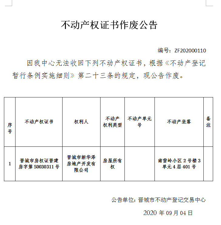 不动产权证书作废公告（三百五十三）202000110(图1)