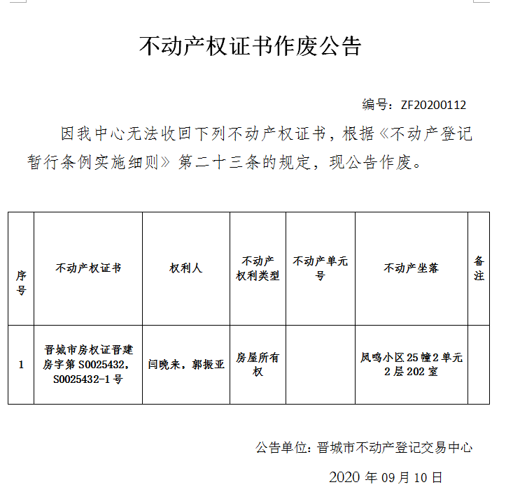 不动产权证书作废公告（三百五十五）202000112(图1)