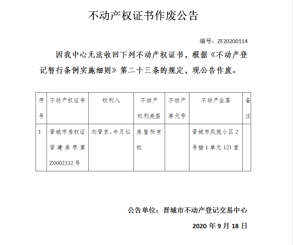 不动产权证书作废公告（三百五十七）202000114(图1)