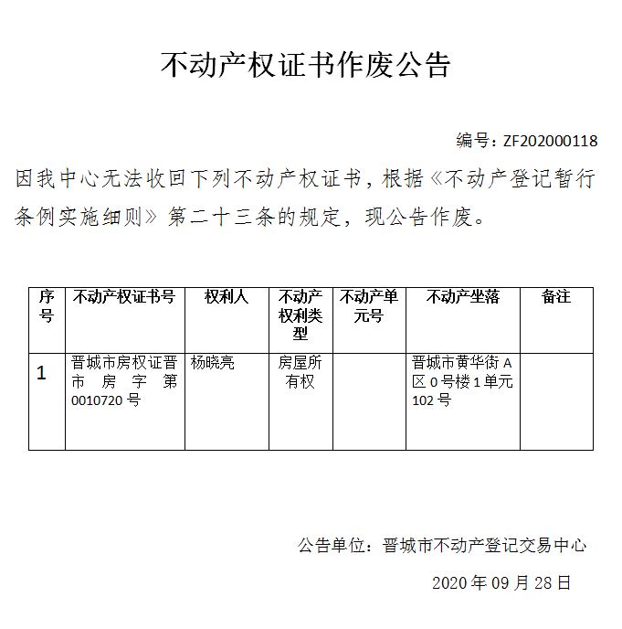 不动产权证书作废公告（三百六十一）202000118(图1)