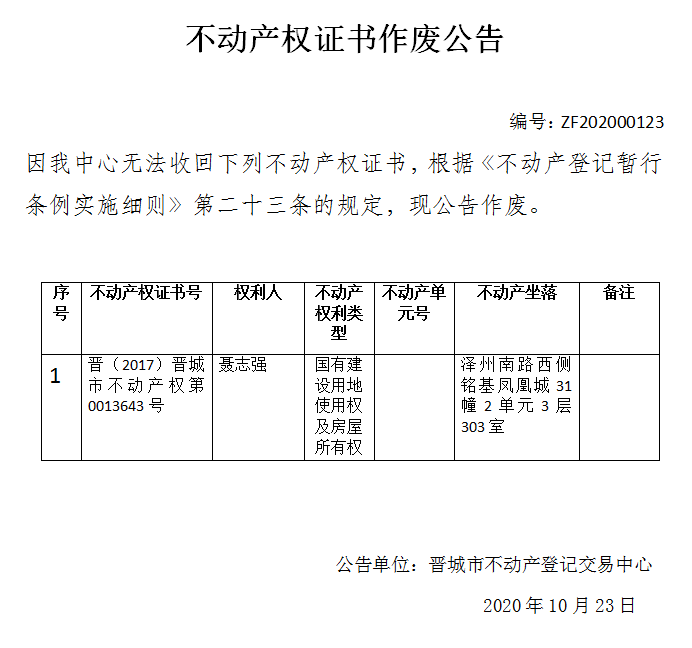 不动产权证书作废公告（三百六十六）202000123(图1)